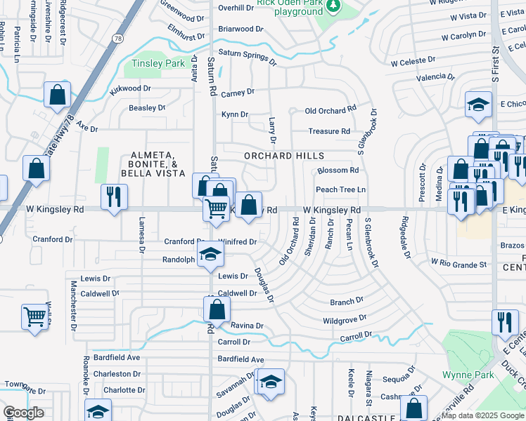 map of restaurants, bars, coffee shops, grocery stores, and more near 1320 West Kingsley Road in Garland