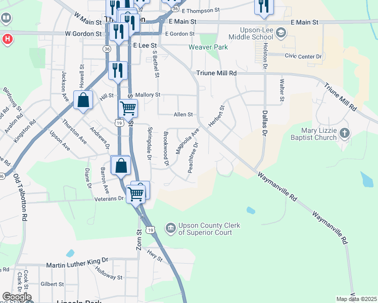 map of restaurants, bars, coffee shops, grocery stores, and more near 617 Peachtree Drive in Thomaston