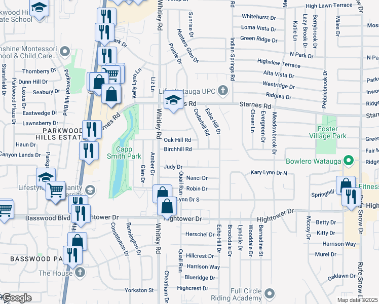 map of restaurants, bars, coffee shops, grocery stores, and more near 7412 Susan Court in Watauga
