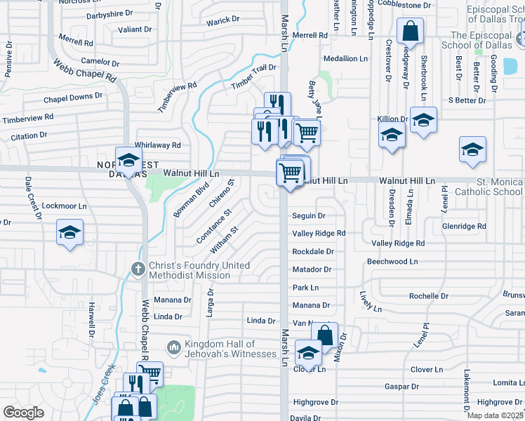 map of restaurants, bars, coffee shops, grocery stores, and more near 3615 Seguin Drive in Dallas