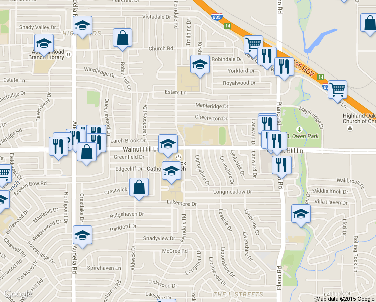 map of restaurants, bars, coffee shops, grocery stores, and more near 9652 Ferndale Road in Dallas
