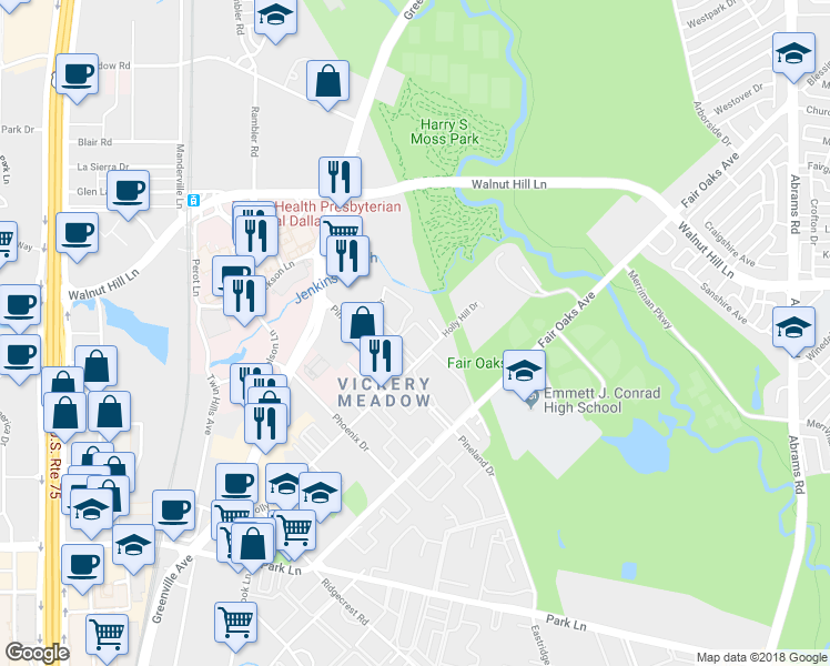 map of restaurants, bars, coffee shops, grocery stores, and more near 7431 Holly Hill Drive in Dallas