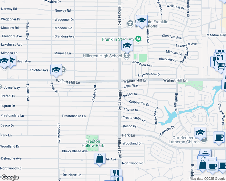 map of restaurants, bars, coffee shops, grocery stores, and more near 6831 Stefani Drive in Dallas