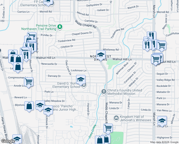 map of restaurants, bars, coffee shops, grocery stores, and more near 3317 Darvany Drive in Dallas