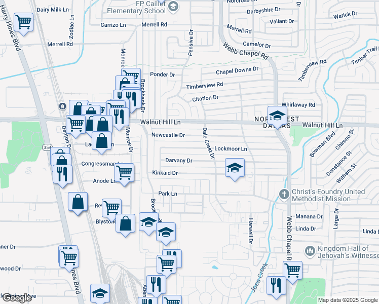 map of restaurants, bars, coffee shops, grocery stores, and more near 3165 Darvany Drive in Dallas