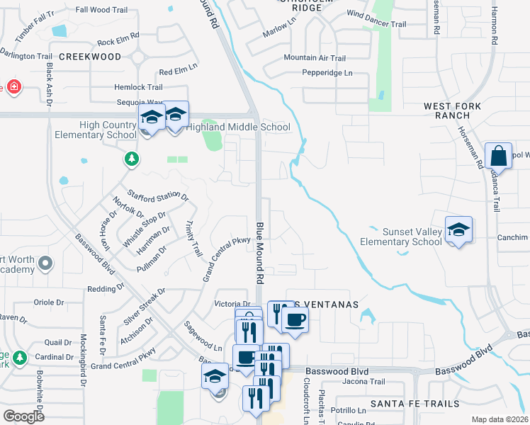 map of restaurants, bars, coffee shops, grocery stores, and more near 2653 North Blue Mound Road in Fort Worth