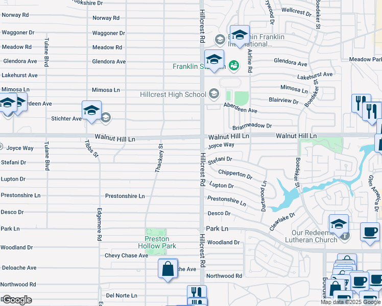 map of restaurants, bars, coffee shops, grocery stores, and more near 6831 Stefani Drive in Dallas