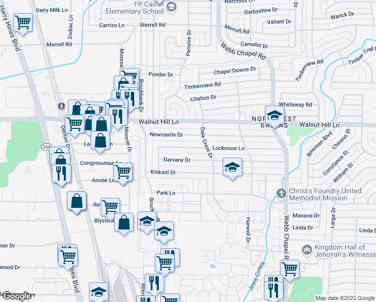 map of restaurants, bars, coffee shops, grocery stores, and more near 3165 Darvany Drive in Dallas