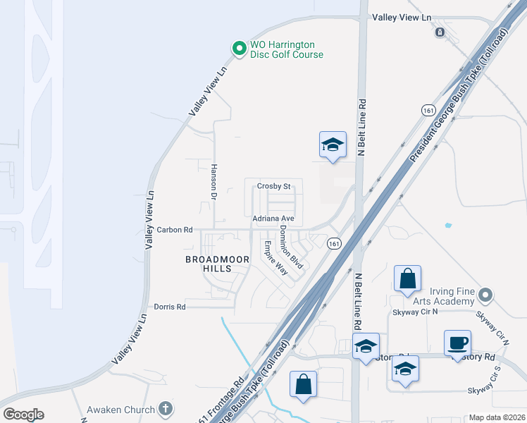 map of restaurants, bars, coffee shops, grocery stores, and more near 5117 Wakefield Drive in Irving