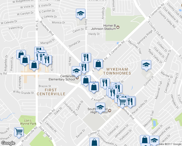 map of restaurants, bars, coffee shops, grocery stores, and more near 810 East Centerville Road in Garland