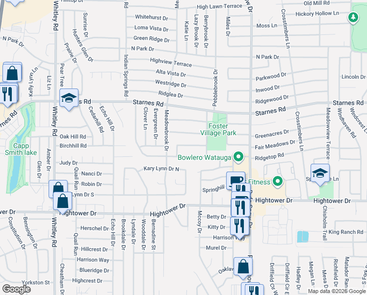 map of restaurants, bars, coffee shops, grocery stores, and more near 6529 Meadowlark Lane East in Watauga