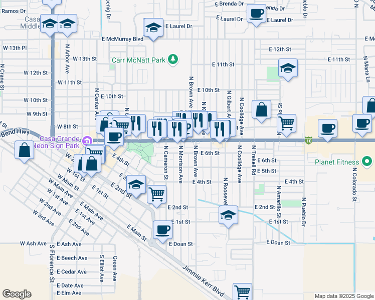 map of restaurants, bars, coffee shops, grocery stores, and more near 513 North Brown Avenue in Casa Grande
