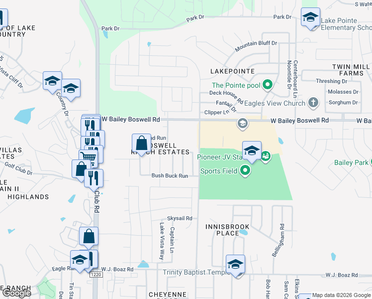 map of restaurants, bars, coffee shops, grocery stores, and more near 6220 Spring Buck Run in Fort Worth