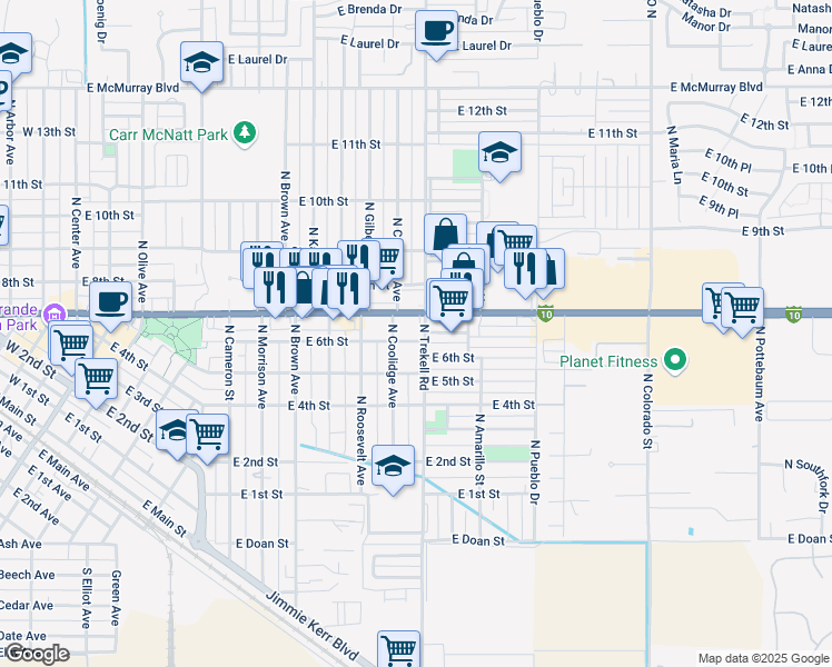 map of restaurants, bars, coffee shops, grocery stores, and more near 516 North Coolidge Avenue in Casa Grande