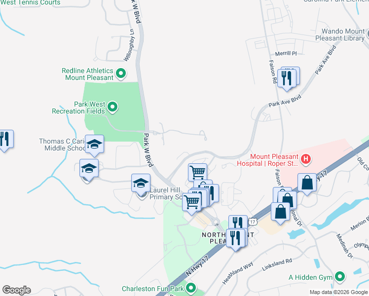 map of restaurants, bars, coffee shops, grocery stores, and more near 3378 Eastman Drive in Mount Pleasant
