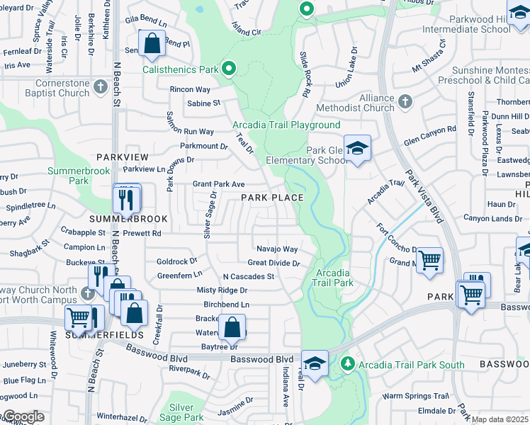 map of restaurants, bars, coffee shops, grocery stores, and more near 7778 Navajo Court in Fort Worth