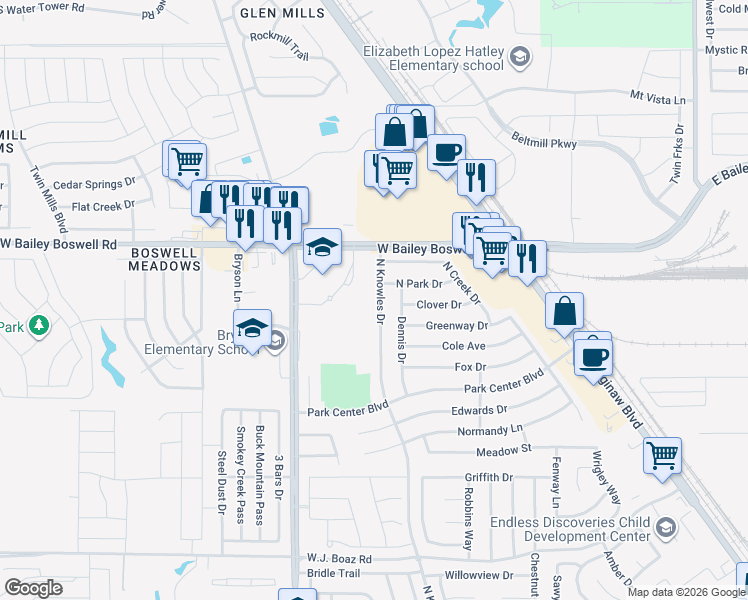 map of restaurants, bars, coffee shops, grocery stores, and more near 1237 North Knowles Drive in Fort Worth