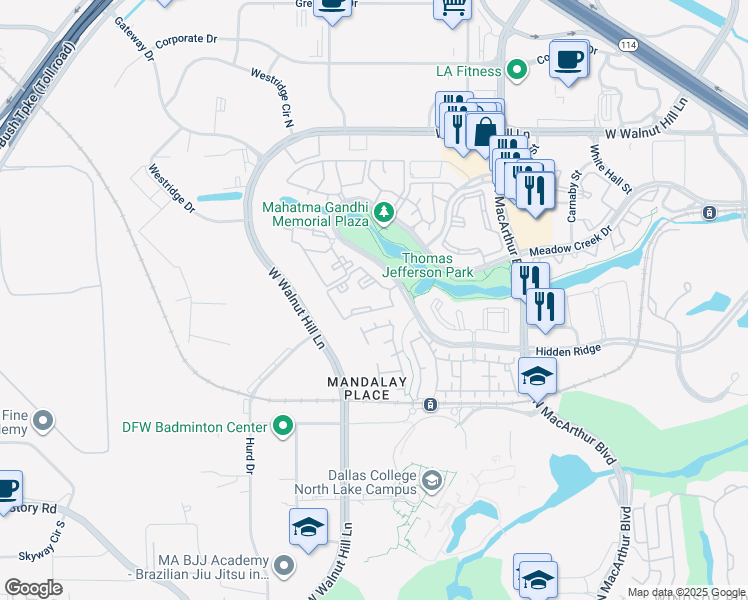 map of restaurants, bars, coffee shops, grocery stores, and more near 1200 Hidden Ridge in Irving