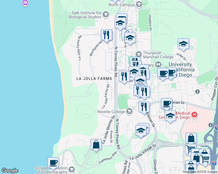 map of restaurants, bars, coffee shops, grocery stores, and more near 9519 La Jolla Farms Road in La Jolla
