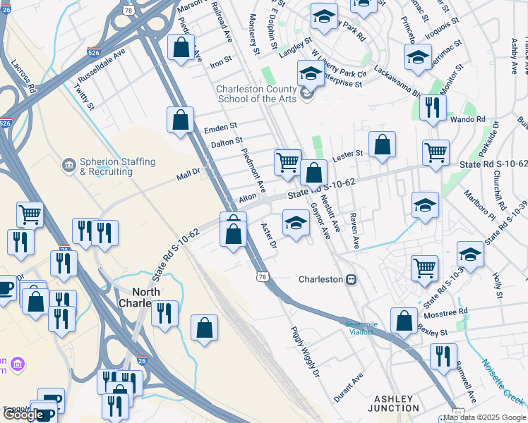 map of restaurants, bars, coffee shops, grocery stores, and more near 2032 Morningside Drive in North Charleston