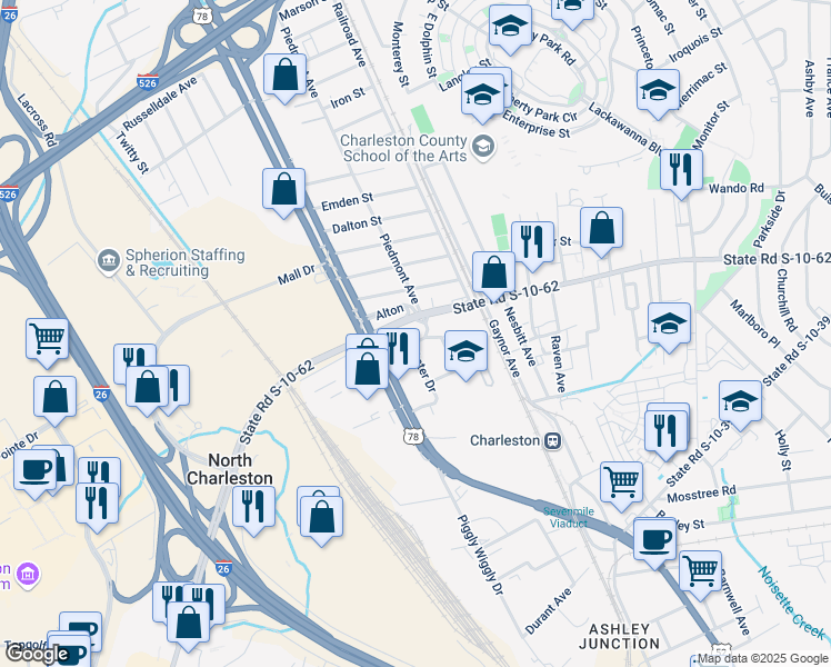 map of restaurants, bars, coffee shops, grocery stores, and more near 2032 Morningside Drive in North Charleston