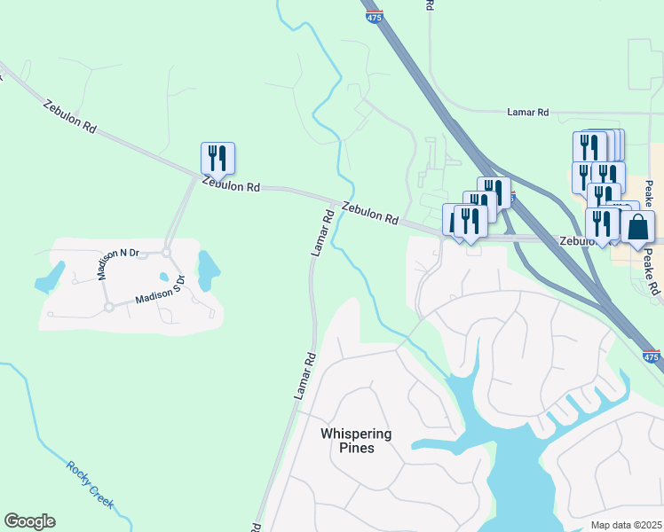 map of restaurants, bars, coffee shops, grocery stores, and more near 417 Lamar Road in Macon