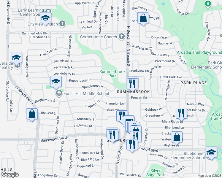 map of restaurants, bars, coffee shops, grocery stores, and more near 4340 Spindletree Lane in Fort Worth