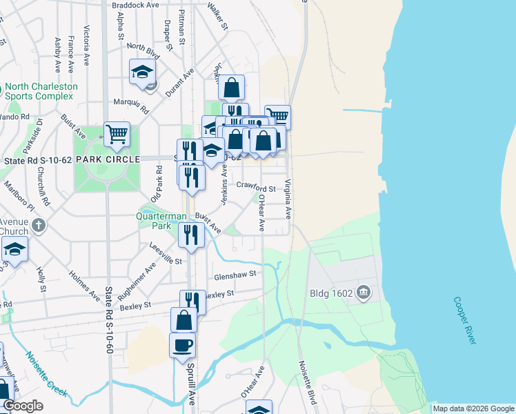 map of restaurants, bars, coffee shops, grocery stores, and more near 1049 Bethany Street in North Charleston