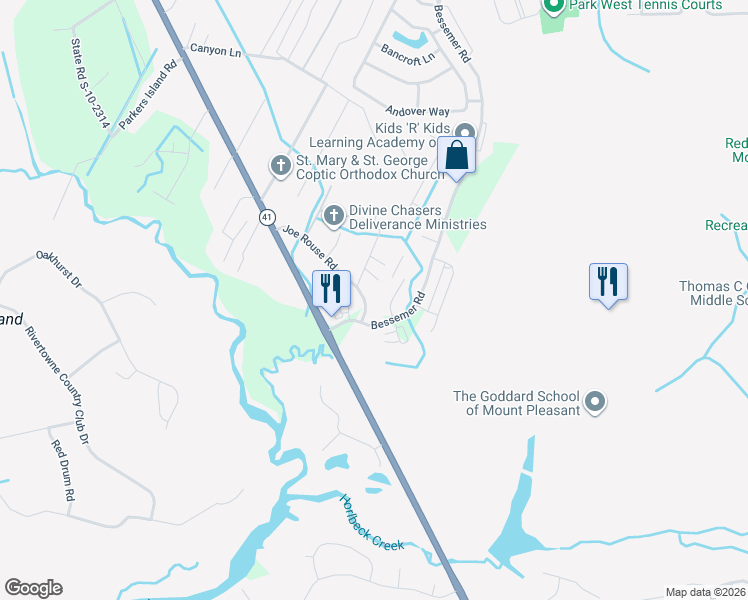 map of restaurants, bars, coffee shops, grocery stores, and more near 1532 Joe Rouse Road in Mount Pleasant