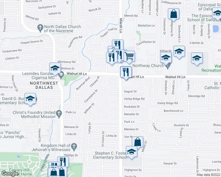 map of restaurants, bars, coffee shops, grocery stores, and more near 3602 Seguin Drive in Dallas