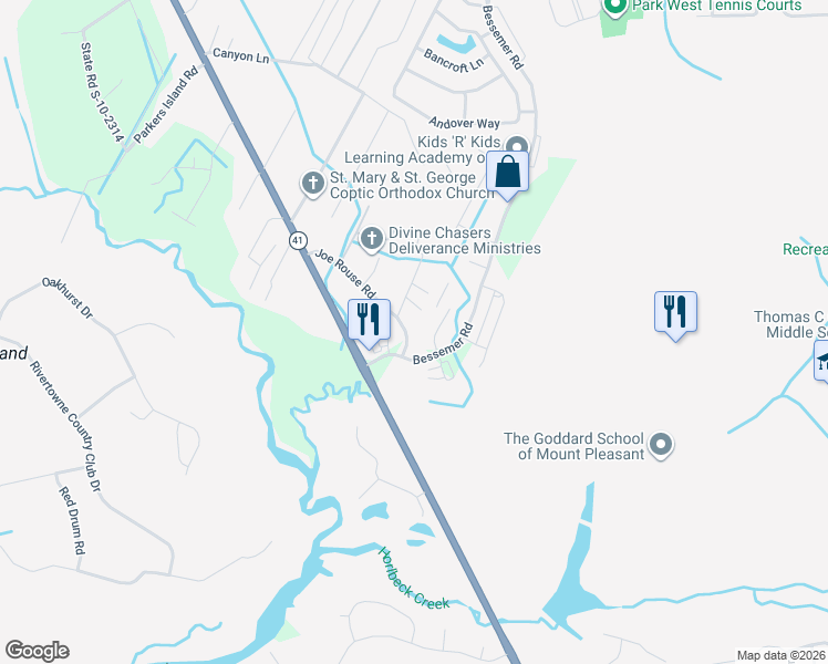 map of restaurants, bars, coffee shops, grocery stores, and more near 1532 Joe Rouse Road in Mount Pleasant