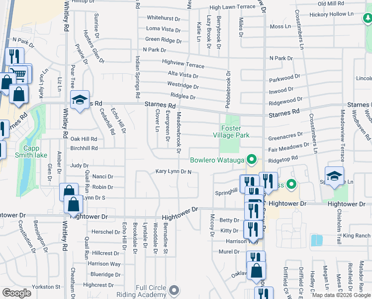 map of restaurants, bars, coffee shops, grocery stores, and more near 7404 Meadowbrook Drive in Watauga
