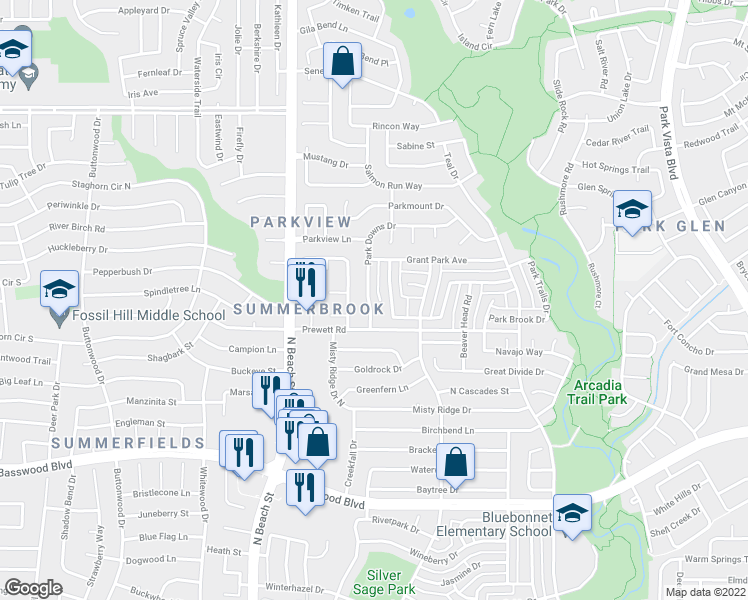 map of restaurants, bars, coffee shops, grocery stores, and more near 7763 Park Run Road in Fort Worth