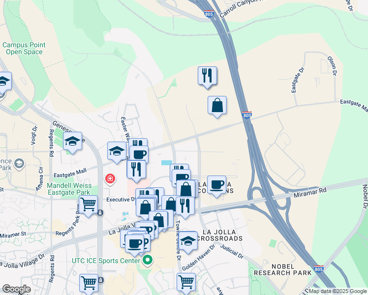 map of restaurants, bars, coffee shops, grocery stores, and more near 9455 Towne Centre Drive in San Diego