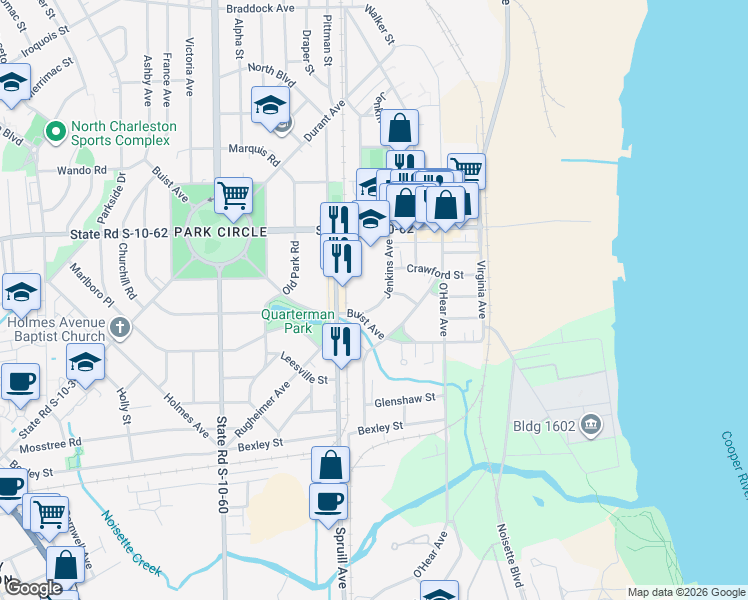 map of restaurants, bars, coffee shops, grocery stores, and more near 4614 Jenkins Avenue in North Charleston