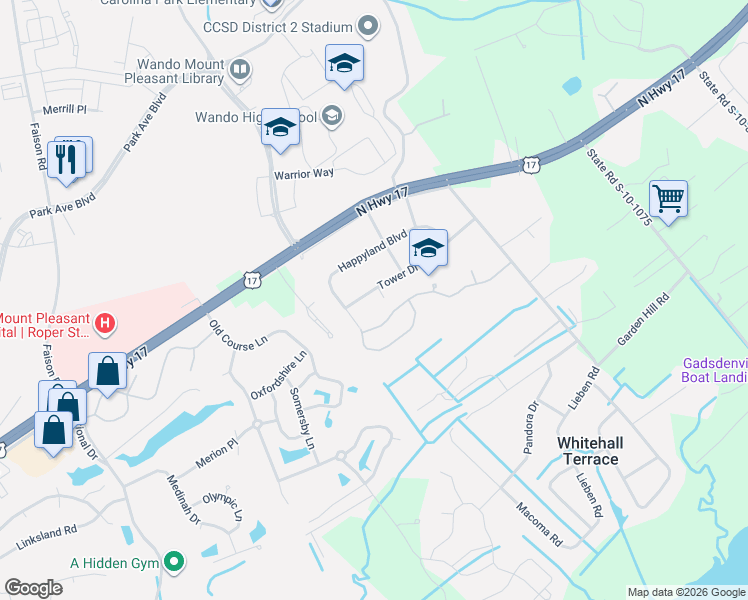 map of restaurants, bars, coffee shops, grocery stores, and more near 1208 Happyland Boulevard in Mount Pleasant
