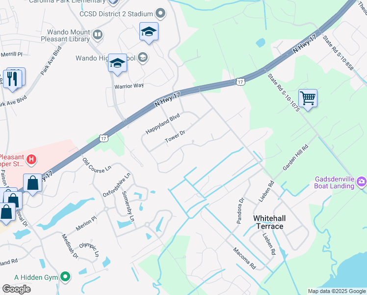 map of restaurants, bars, coffee shops, grocery stores, and more near 3621 Locklear Lane in Mount Pleasant