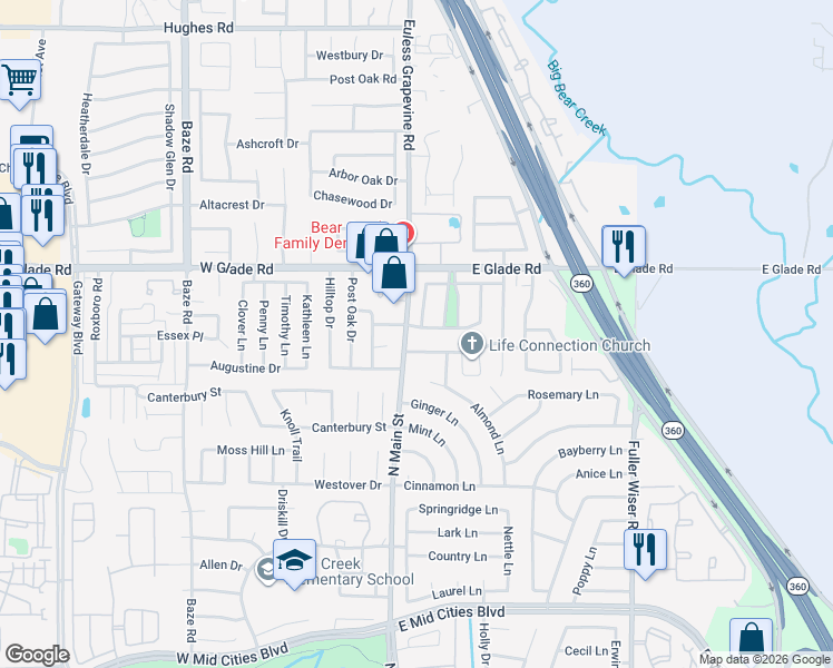 map of restaurants, bars, coffee shops, grocery stores, and more near 109 Nutmeg Lane in Euless