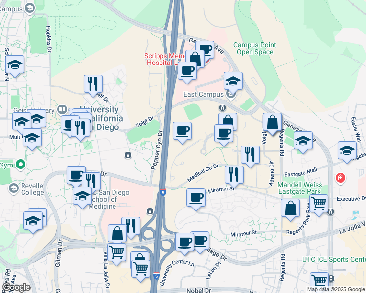 map of restaurants, bars, coffee shops, grocery stores, and more near 9452 Medical Center Drive in San Diego