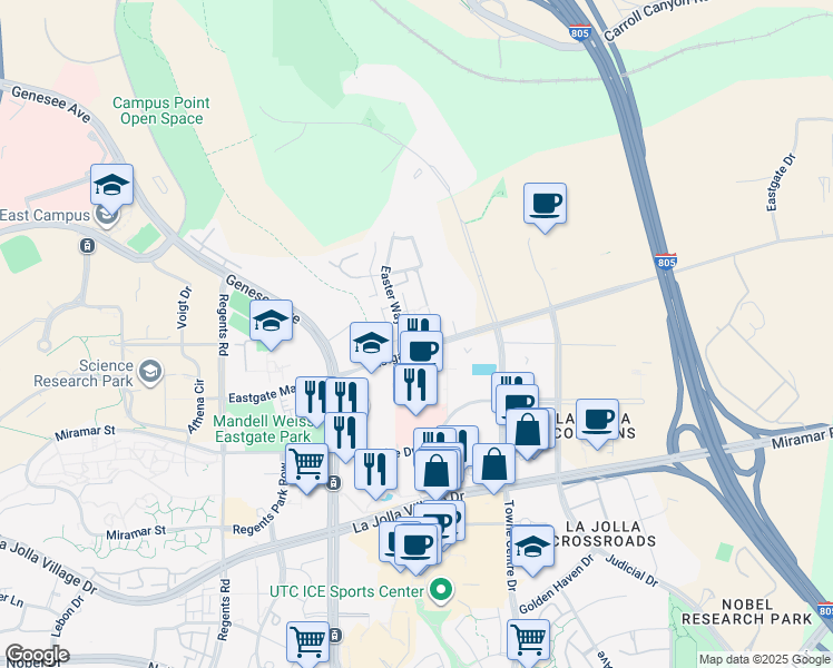 map of restaurants, bars, coffee shops, grocery stores, and more near 9515 Easter Way in San Diego