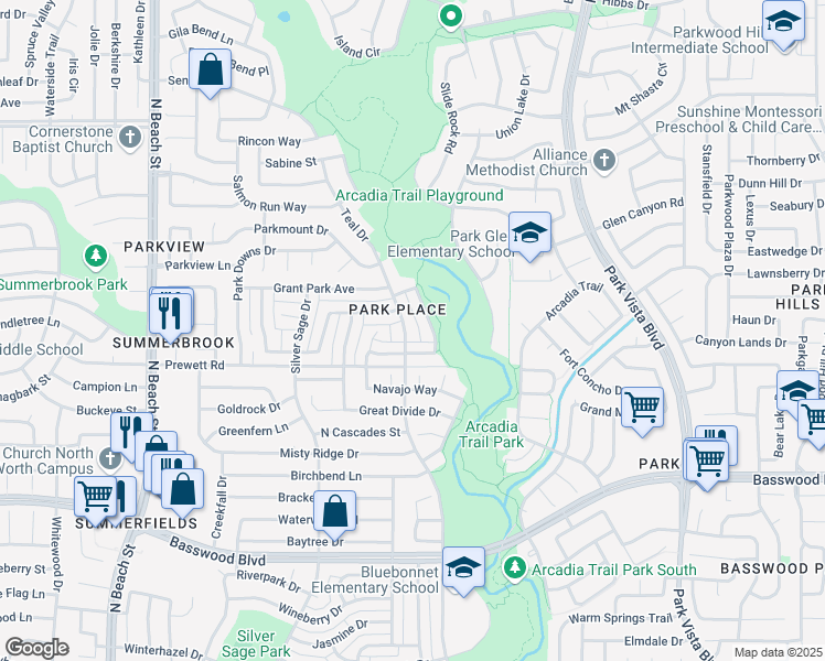 map of restaurants, bars, coffee shops, grocery stores, and more near 7772 Teal Drive in Fort Worth