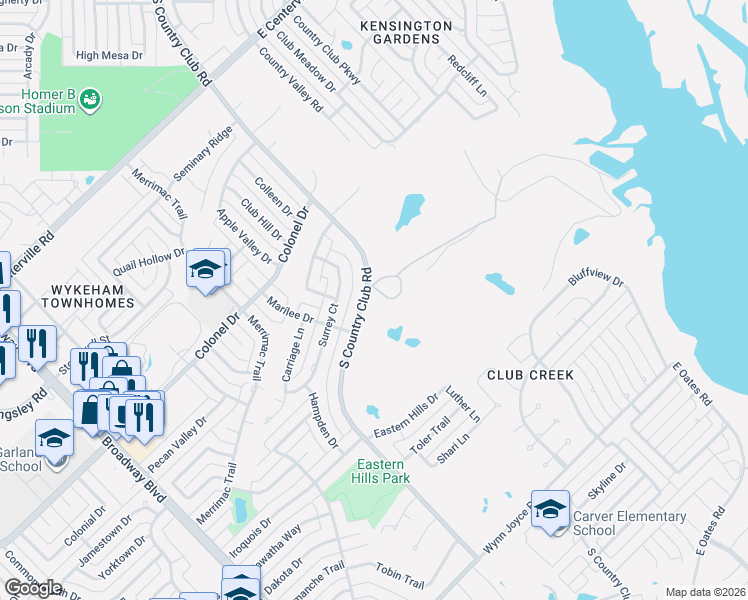 map of restaurants, bars, coffee shops, grocery stores, and more near 3014 South Country Club Road in Garland