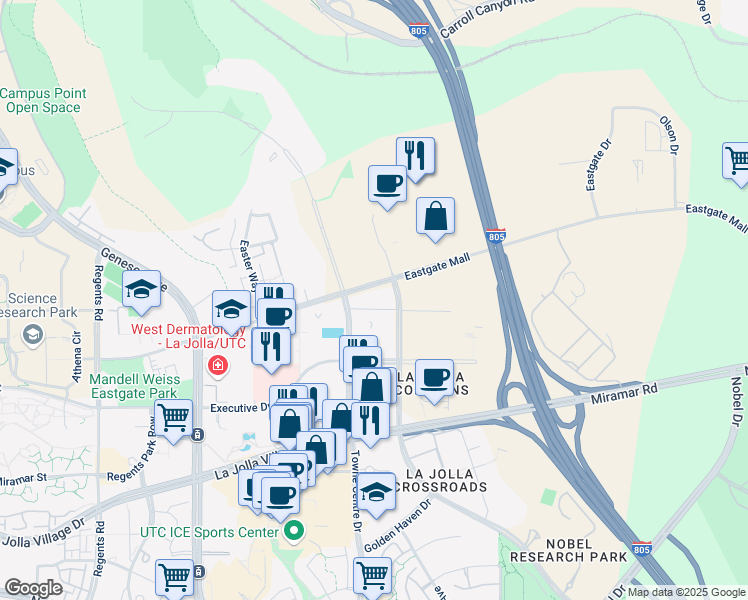 map of restaurants, bars, coffee shops, grocery stores, and more near 9393 Towne Centre Drive in San Diego