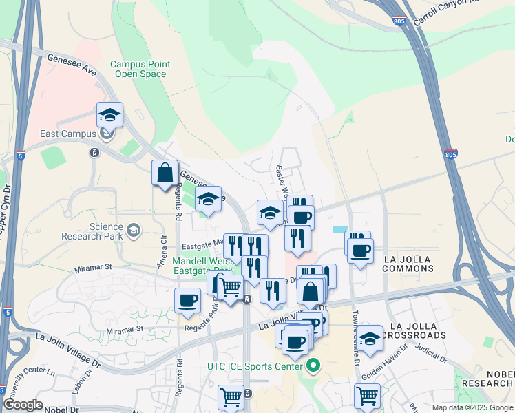 map of restaurants, bars, coffee shops, grocery stores, and more near 9505 Genesee Avenue in San Diego