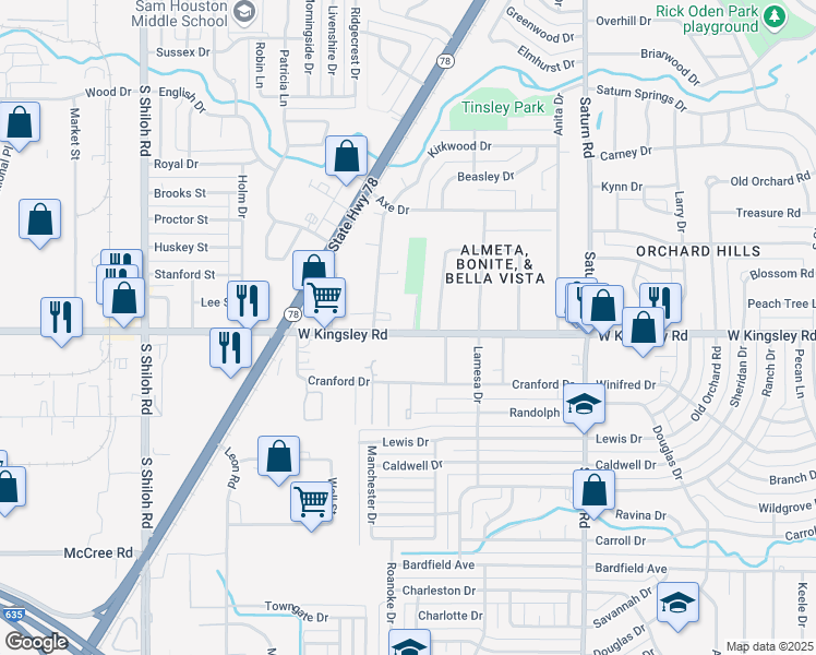 map of restaurants, bars, coffee shops, grocery stores, and more near 1900 West Kingsley Road in Garland