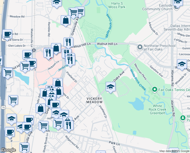 map of restaurants, bars, coffee shops, grocery stores, and more near 7450 Holly Hill Drive in Dallas