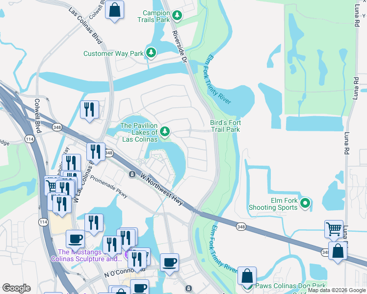 map of restaurants, bars, coffee shops, grocery stores, and more near 5719 Waterview Drive in Irving