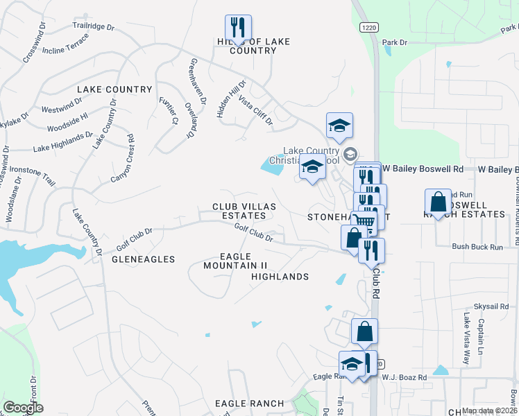 map of restaurants, bars, coffee shops, grocery stores, and more near 8419 Golf Club Circle in Fort Worth