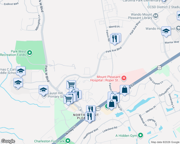 map of restaurants, bars, coffee shops, grocery stores, and more near 3409 Salterbeck Street in Mount Pleasant