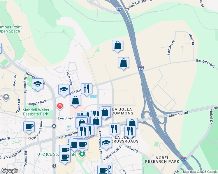 map of restaurants, bars, coffee shops, grocery stores, and more near 9455 Towne Centre Drive in San Diego